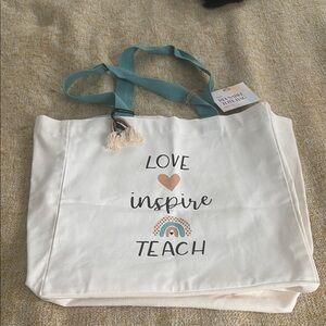 Canvas 'Love Inspire Teach' Teacher Tote Bag with Teal Straps